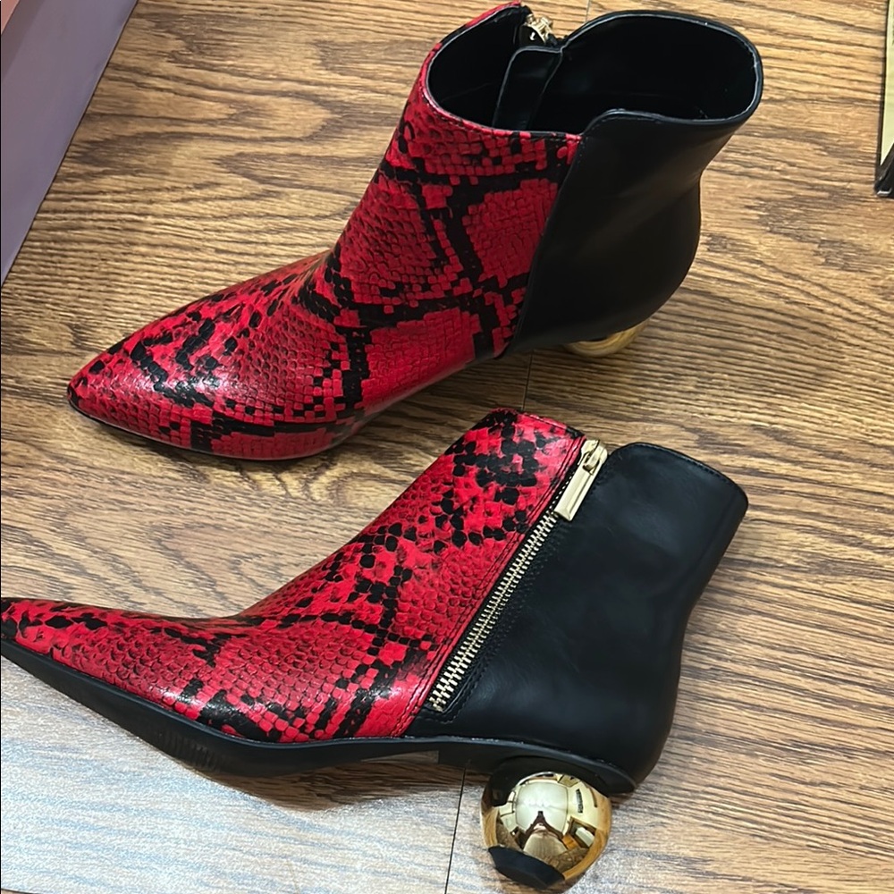 Red and Black Ankle Boots with Snakeskin Print